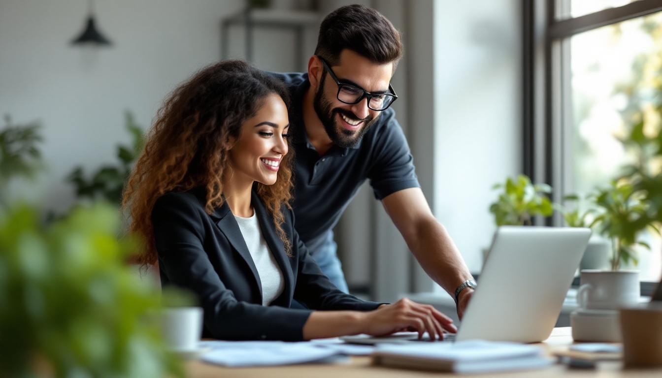A NeedAWebNow specialist helping a small-business owner set up AI automation on a laptop